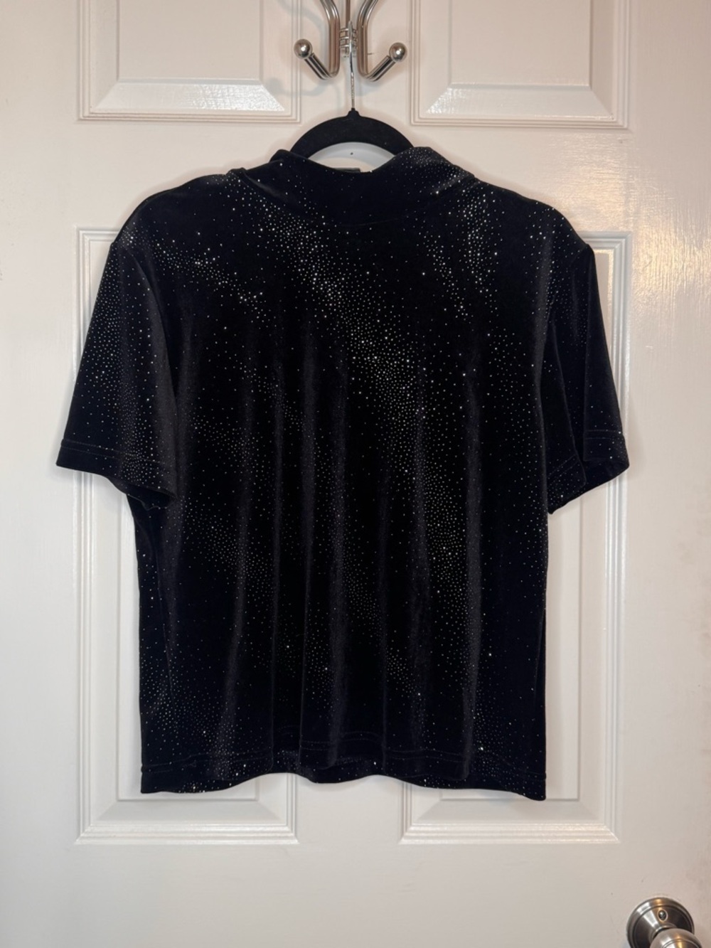 Vintage Black Velvet Short-Sleeve Shirt with Sparkle Detail